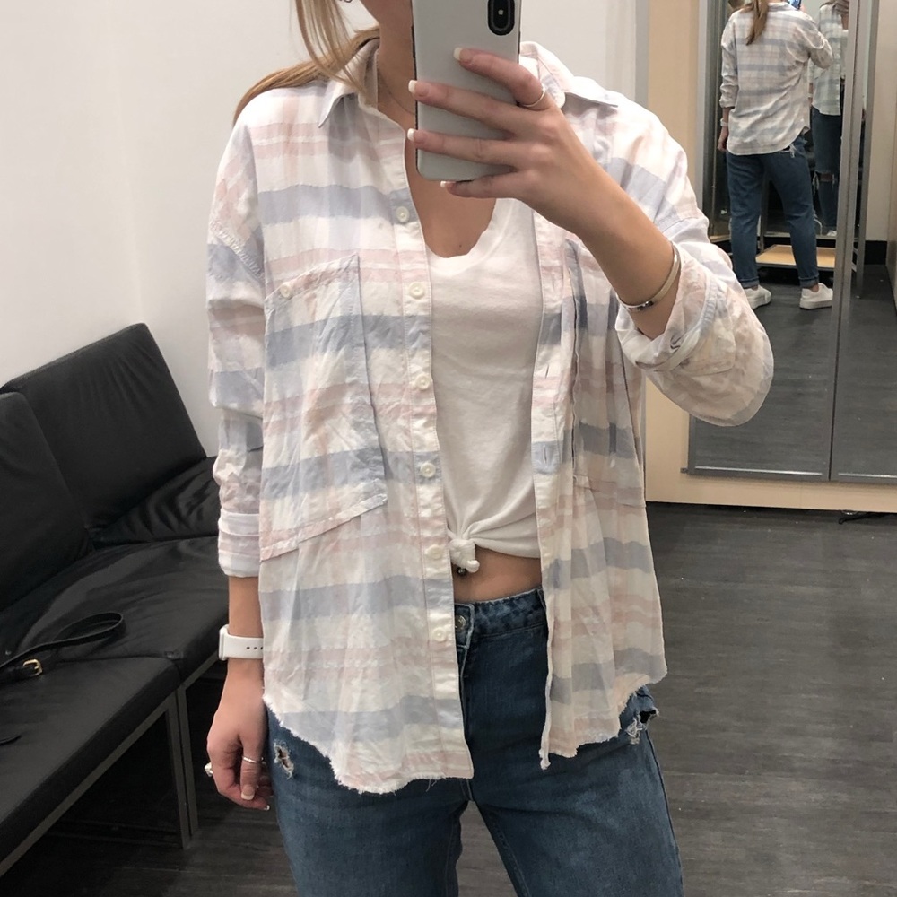 Free People Frayed Plaid Button Up